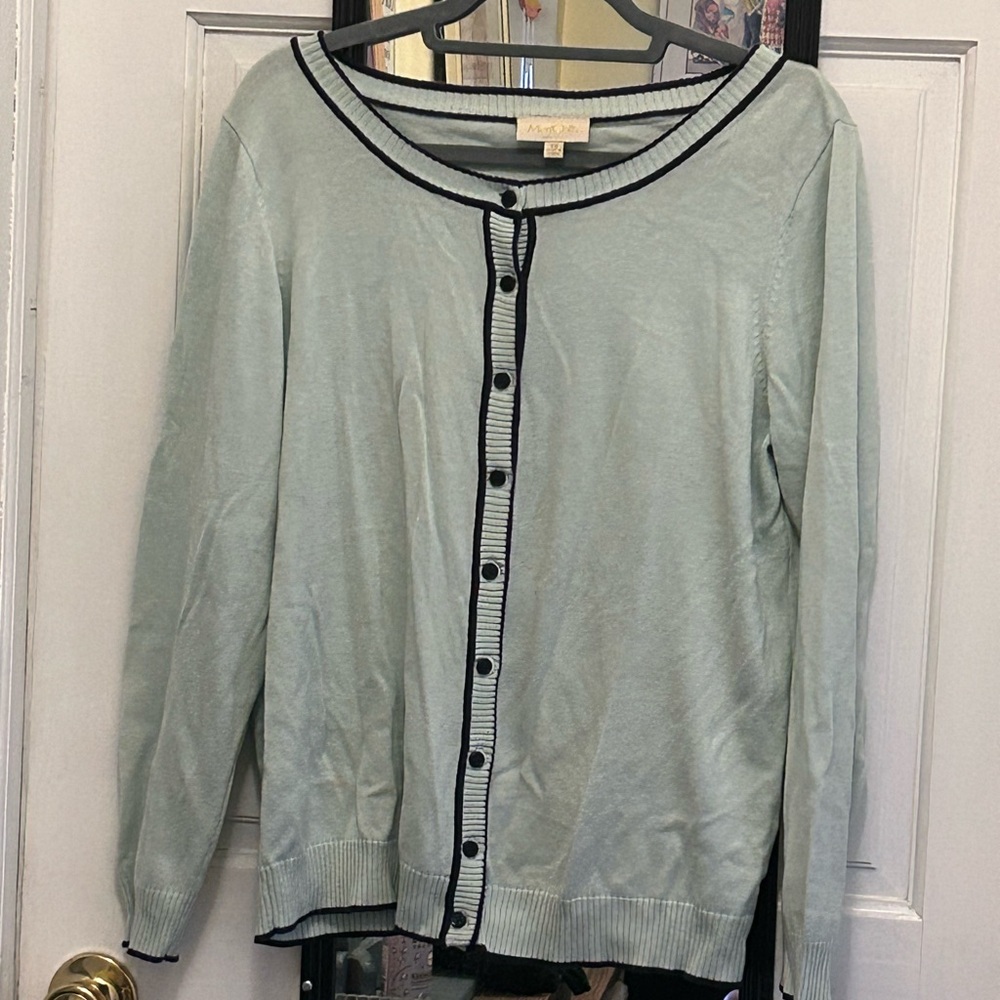 Sea-foam Green Cardigan with Dark Navy Trim